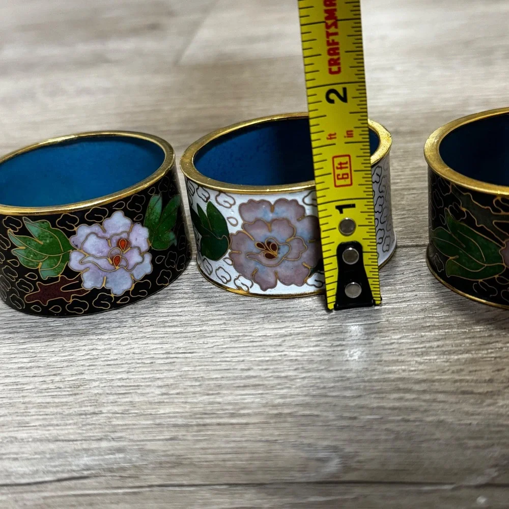 Vintage Cloisonne Enamel Napkin Rings Set of 3 Floral Black White Gold Tone